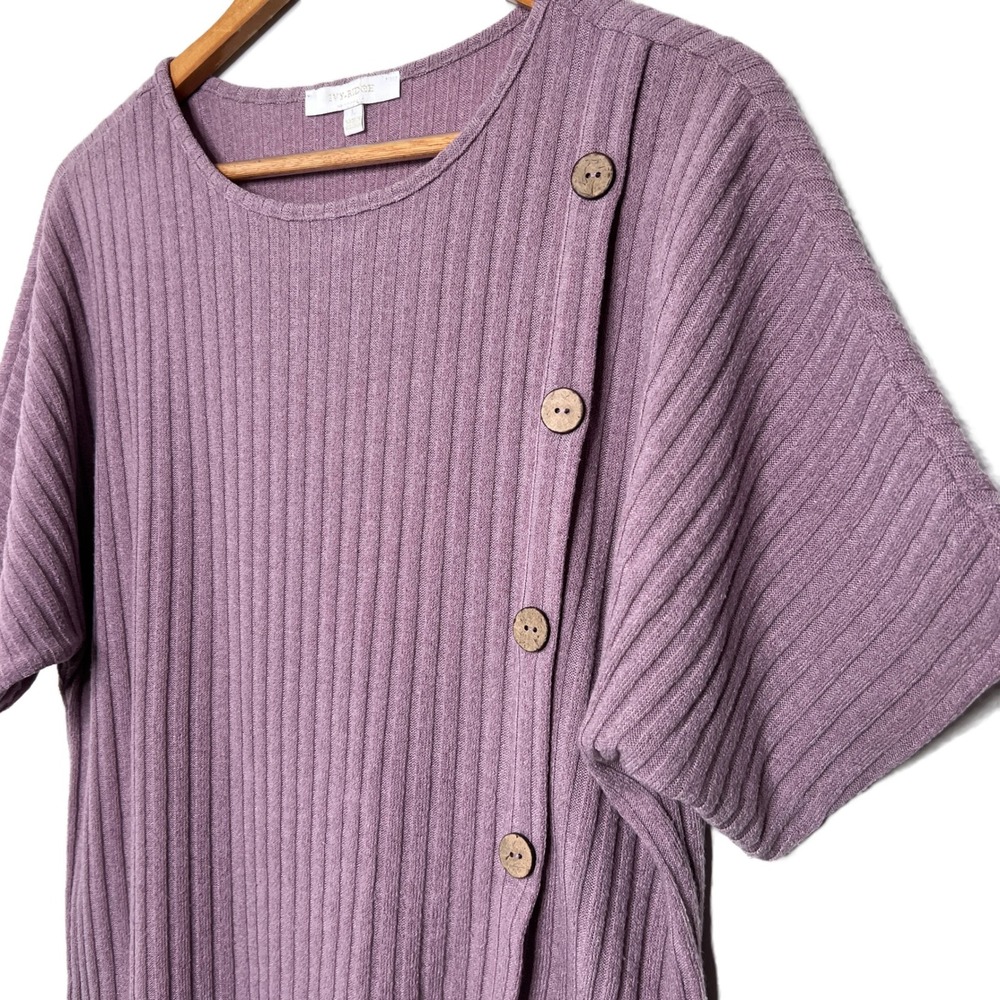 IVY.RIDGE Purple Ribbed Knit Dolman Sleeve Asymmetrical Button Top Women's Large - Picture 6 of 16